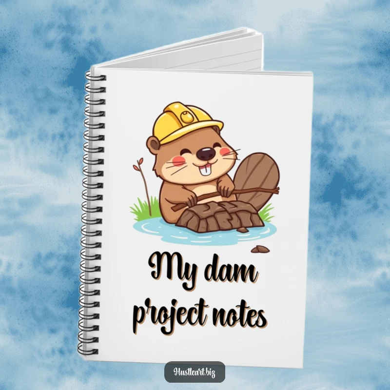 Funny notebook featuring a happy beaver with a hard hat, building a dam out of twigs, perfect for notes.
