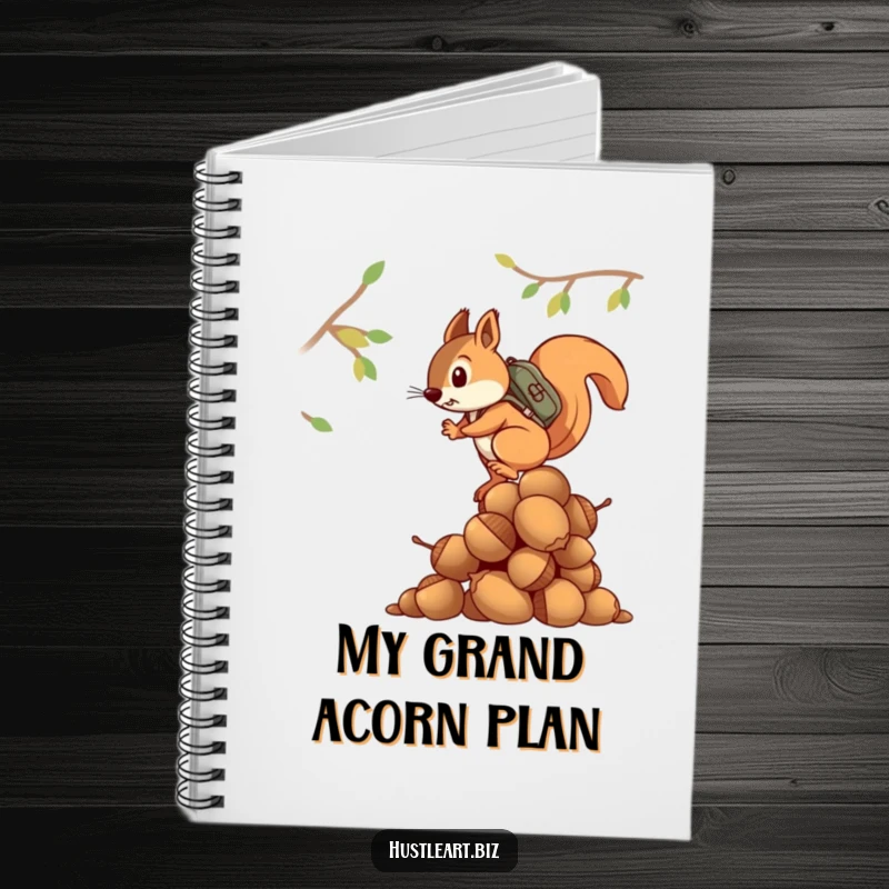 Funny notebook featuring a determined squirrel with a backpack climbing a huge pile of acorns, perfect for note-taking.