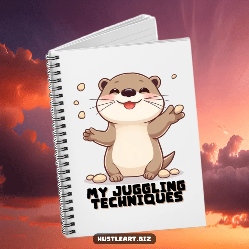 Funny notebook featuring a cheerful otter smiling while juggling small shiny pebbles, perfect for note-taking.