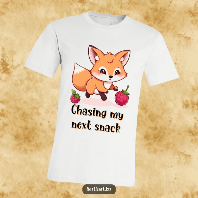 Funny t-shirt featuring a playful fox with a determined gaze chasing a rolling berry, showcasing its playful pursuit.