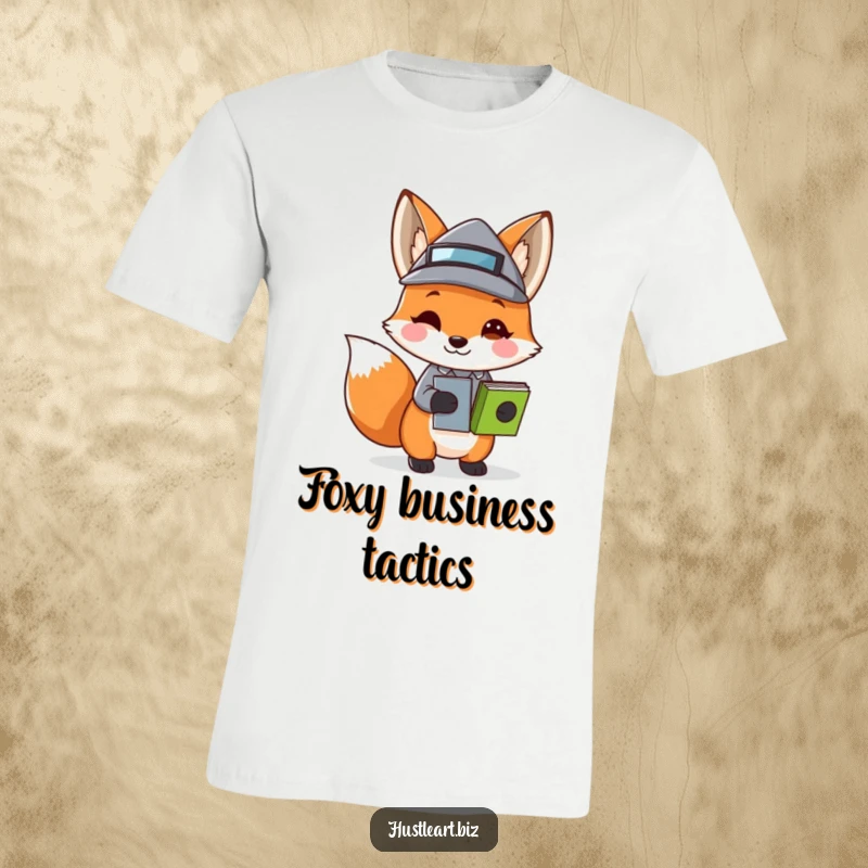 Funny Fox Business Hat T-Shirt depicting a playful fox wearing a tiny business hat and carrying stacked papers, perfect for witty individuals.