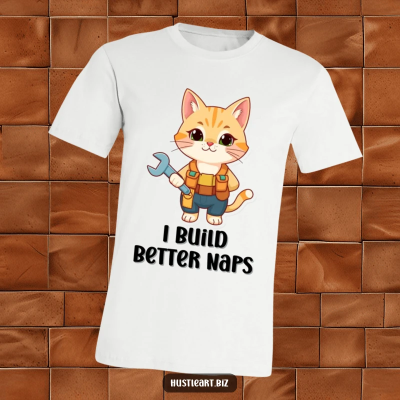 Funny Cat Mechanic T-Shirt showing a curious cat in a tool belt holding a wrench, perfect for DIY enthusiasts and cat lovers.