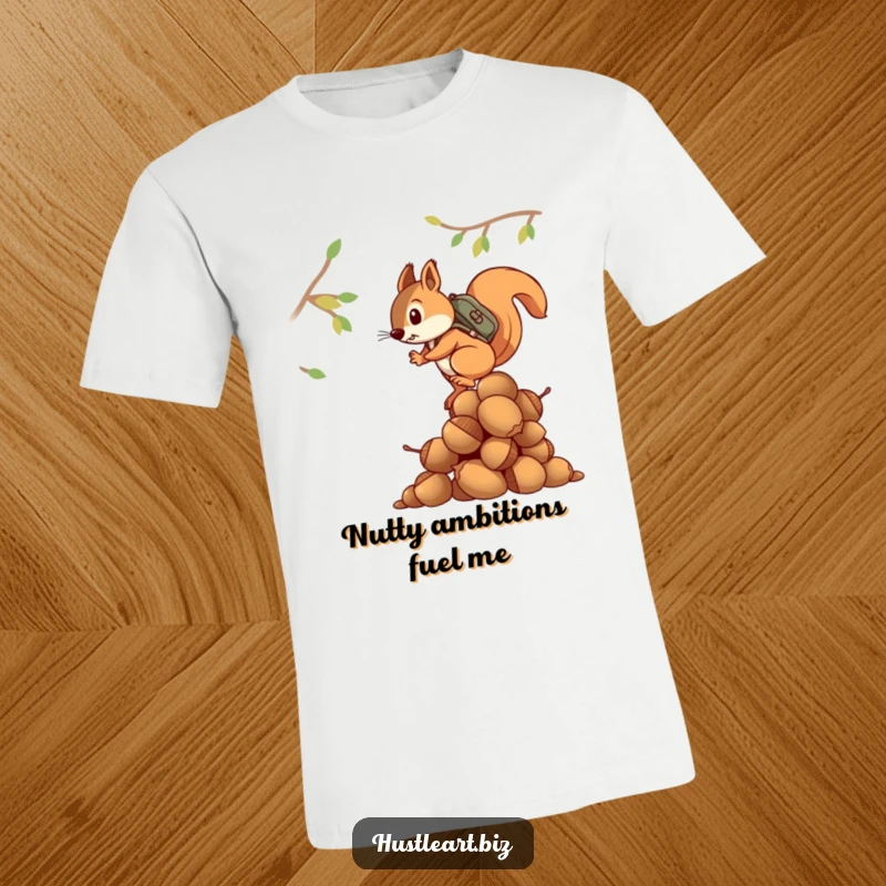 Funny t-shirt featuring a determined squirrel in a backpack climbing a massive stack of acorns with intense focus.