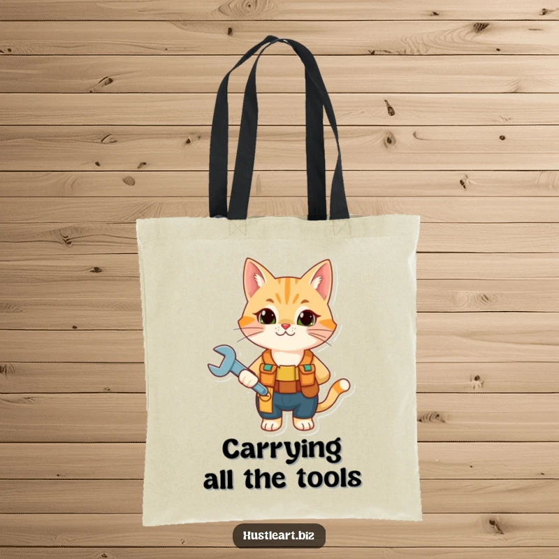 Funny Cat Mechanic Tote Bag depicting a curious cat wearing a tool belt and holding a wrench, a practical and humorous accessory.