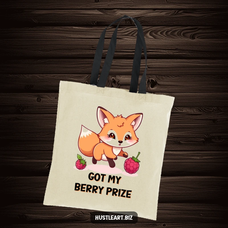 Funny tote bag featuring a playful fox with a determined gaze chasing a rolling berry, perfect for shopping.