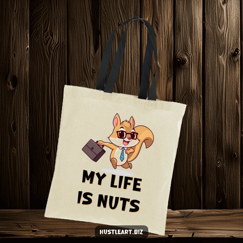 Funny Squirrel Briefcase Tote Bag showcasing a determined squirrel running with a briefcase, perfect for carrying items with a humorous business theme.