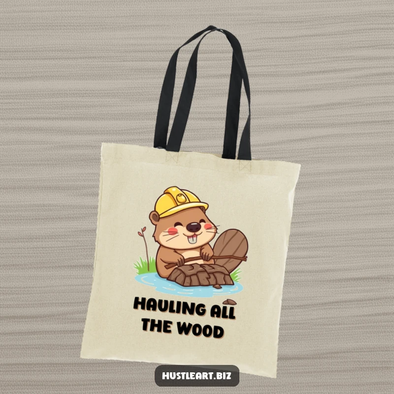 Funny tote bag featuring a happy beaver with a hard hat, building a dam from twigs, perfect for shopping.