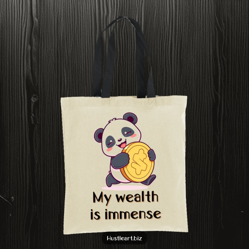 Funny Panda Coin Tote Bag illustrating a happy panda pushing a giant coin with a determined smile, ideal for carrying items with a lucky theme.